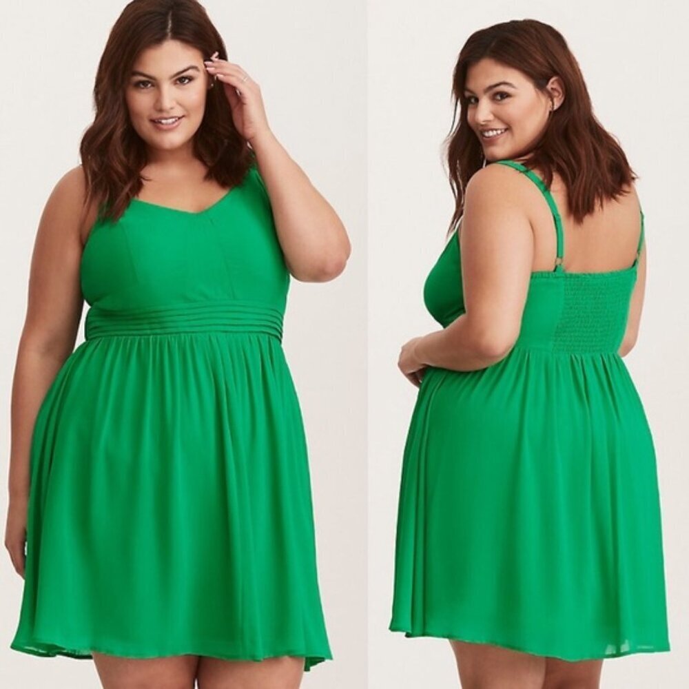 Torrid Emerald Green Chiffon Smocked Back Mini Skater Dress Women's Plus Size 0X